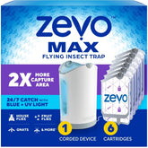 Zevo MAX Bug Catcher & Fly Trap for Indoors - Flying Insect Trap for Gnats, House & Fruit Flies - Use in Any Room - No-Mess Disposal (1 Plug in Base & 6 Cartridges)