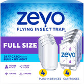 Zevo 4 Flying Insect Traps & 4 Cartridges - Plug In Fly Trap & Indoor Bug Catcher for Gnats, House & Fruit Flies - Mess-Free - Use in Any Room - Uses Blue & UV Light (4 Plug In Devices & 4 Cartridges)
