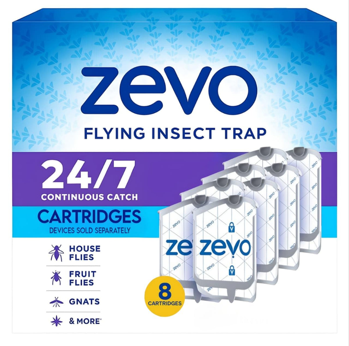 Zevo Indoor Fly Trap Refills Cartridges | Attracts & Traps Flying Insects with Light - 8 Refill Cartridges