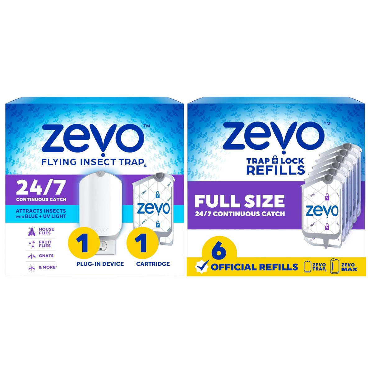 Zevo Flying Insect Trap + Refills Bundle - Flying Insect Trap & Cartridge (1 Device + 1 Cartridge) and Official Refill Cartridges (6 Count), Plug-in Bug Catchers for Gnats, House & Fruit Flies