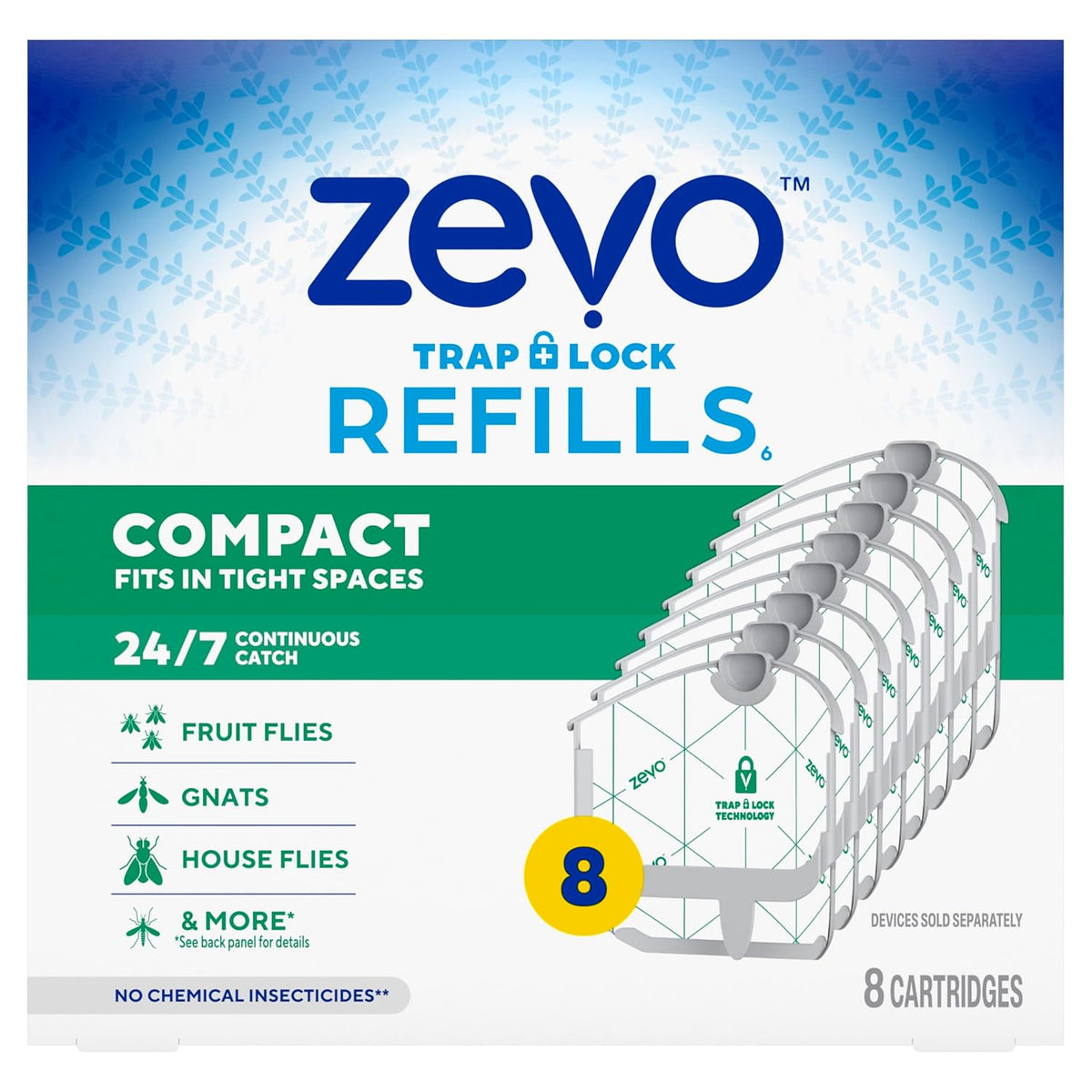 Zevo Compact Flying Insect Trap Official Refill Cartridges - Fits Zevo Compact & Plant Indoor Plug-in Trap, Authentic Trap + Lock Technology to Catch Gnats, House & Fruit Flies (8 Official Refills)