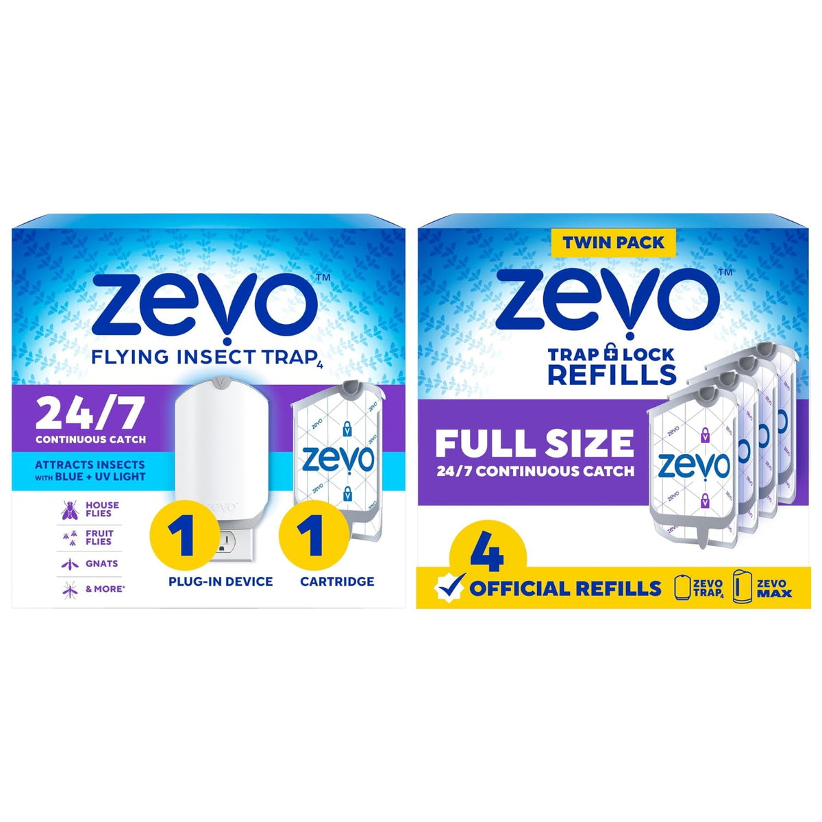 Zevo Flying Insect Trap + Refills Bundle - Flying Insect Trap & Cartridge (1 Device + 1 Cartridge) and Official Refill Cartridges (4 Count), Plug-in Bug Catchers for Gnats, House & Fruit Flies