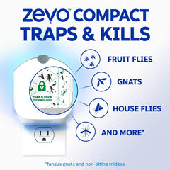 Zevo Compact Flying Insect Trap Kit with Refill Cartridges - Plug-in Indoor Bug Catcher for Gnats, House & Fruit Flies - Blue + UV Light Technology, No Odor, No Mess (1 Plug-in Device + 3 Cartridges)