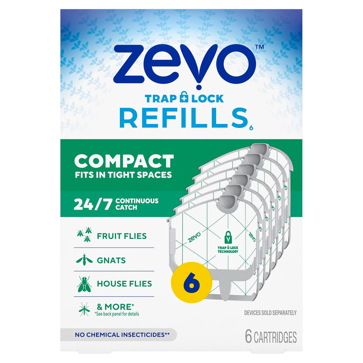 Zevo Compact Flying Insect Trap Official Refill Cartridges - Fits Zevo Compact & Plant Indoor Plug-in Trap, Authentic Trap + Lock Technology to Catch Gnats, House & Fruit Flies (6 Official Refills)